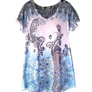Essentials Milano Bejeweled Unique Print Tunic Shirt M | Sparkle Casual Top